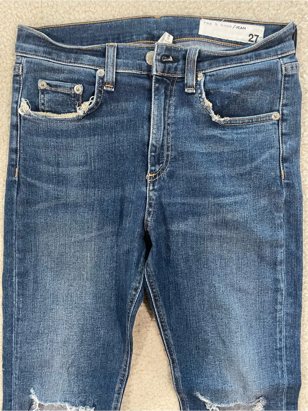 Rag & Bone 10 Inch Crop Flare Distressed Rough Hem Blue Jeans Women’s Size 27‎